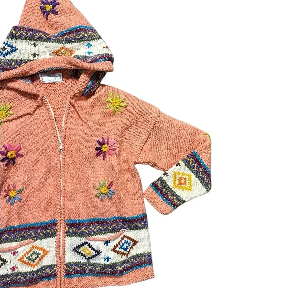 Handmade Vintage Colorful Knit 100% Wool Hooded Cardigan